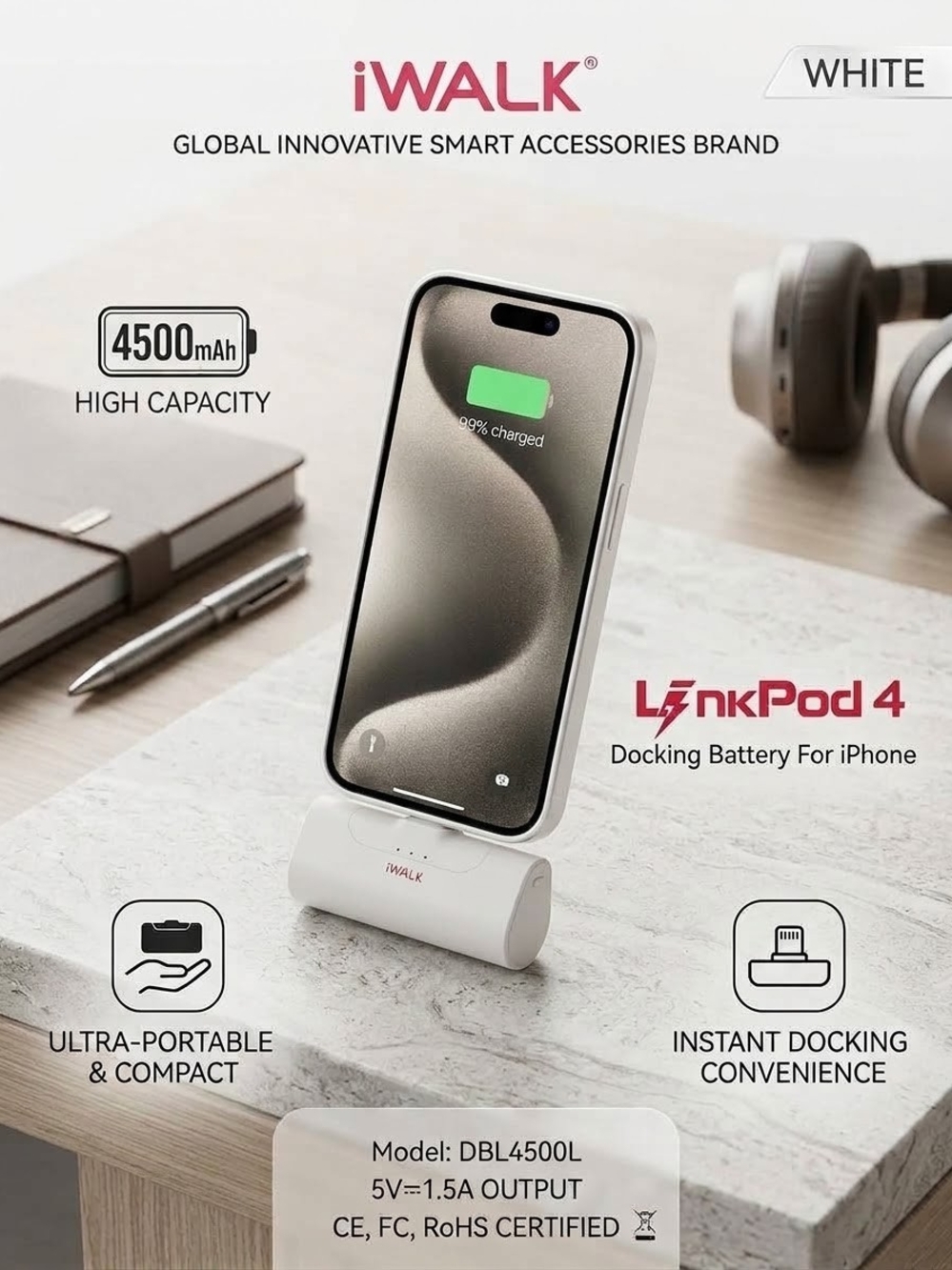 iWALK LinkPod 4 Portable Charger 4500mAh Docking Battery Power Bank iPhone White
